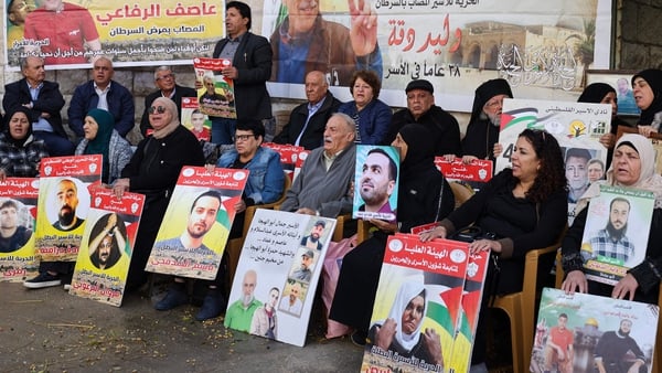 Relatives and supporters of Palestinians held in Israeli prisons stage a sit-in in front of the Red Cross in the West Bank city of Ramallah