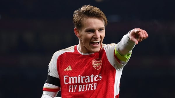 Martin Odegaard celebrates Arsenal's fifth first-half goal in London